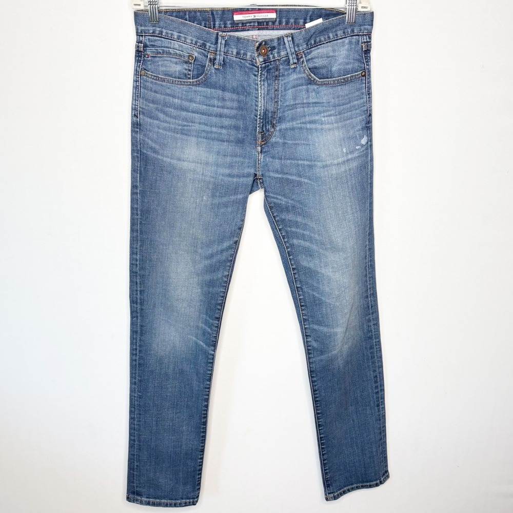 Tommy Hilfiger Mens Slim Fit Medium Wash Distressed Blue Jeans 32x32